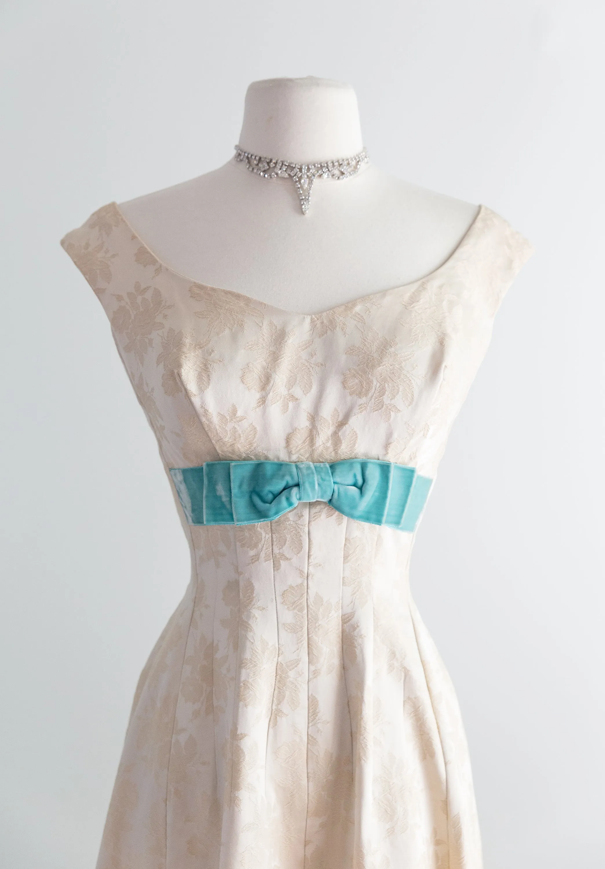 1950's Ivory Brocade Party Dress With Tiffany Blue Velvet Bows / Waist 26