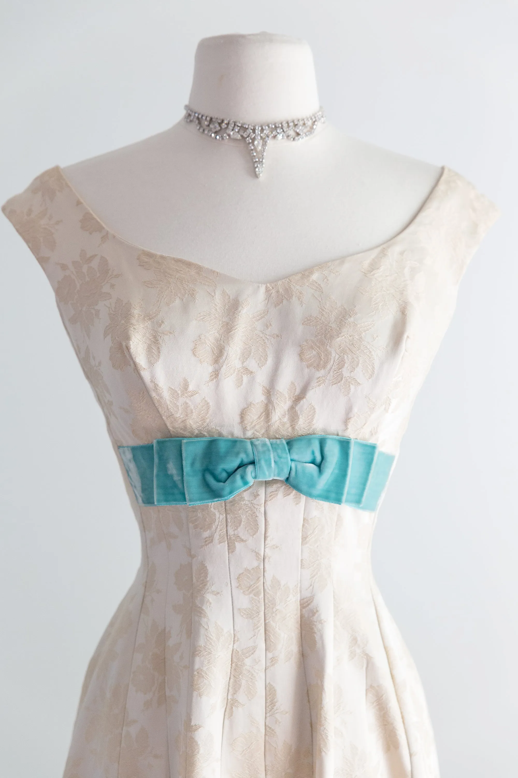 1950's Ivory Brocade Party Dress With Tiffany Blue Velvet Bows / Waist 26