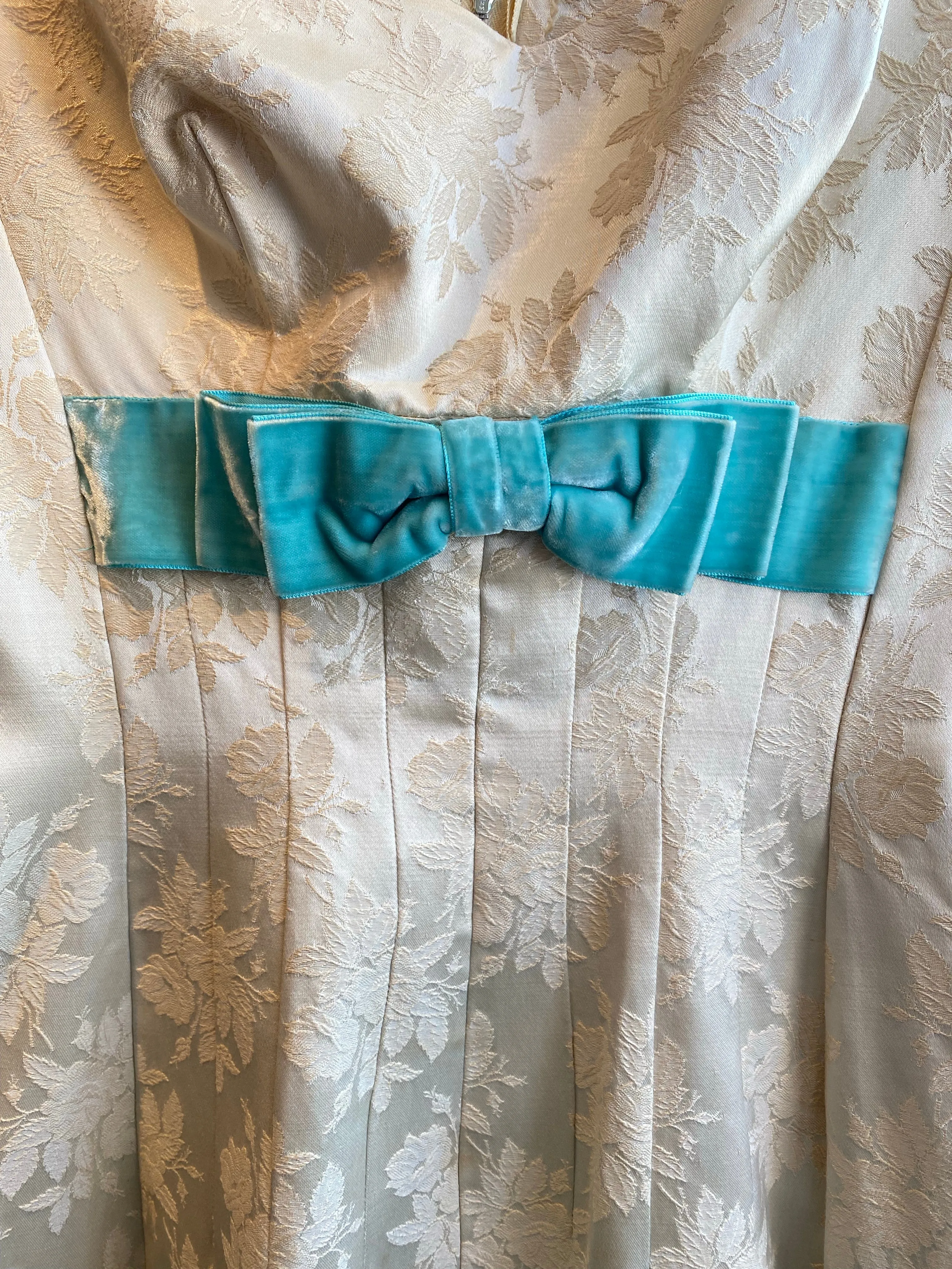 1950's Ivory Brocade Party Dress With Tiffany Blue Velvet Bows / Waist 26