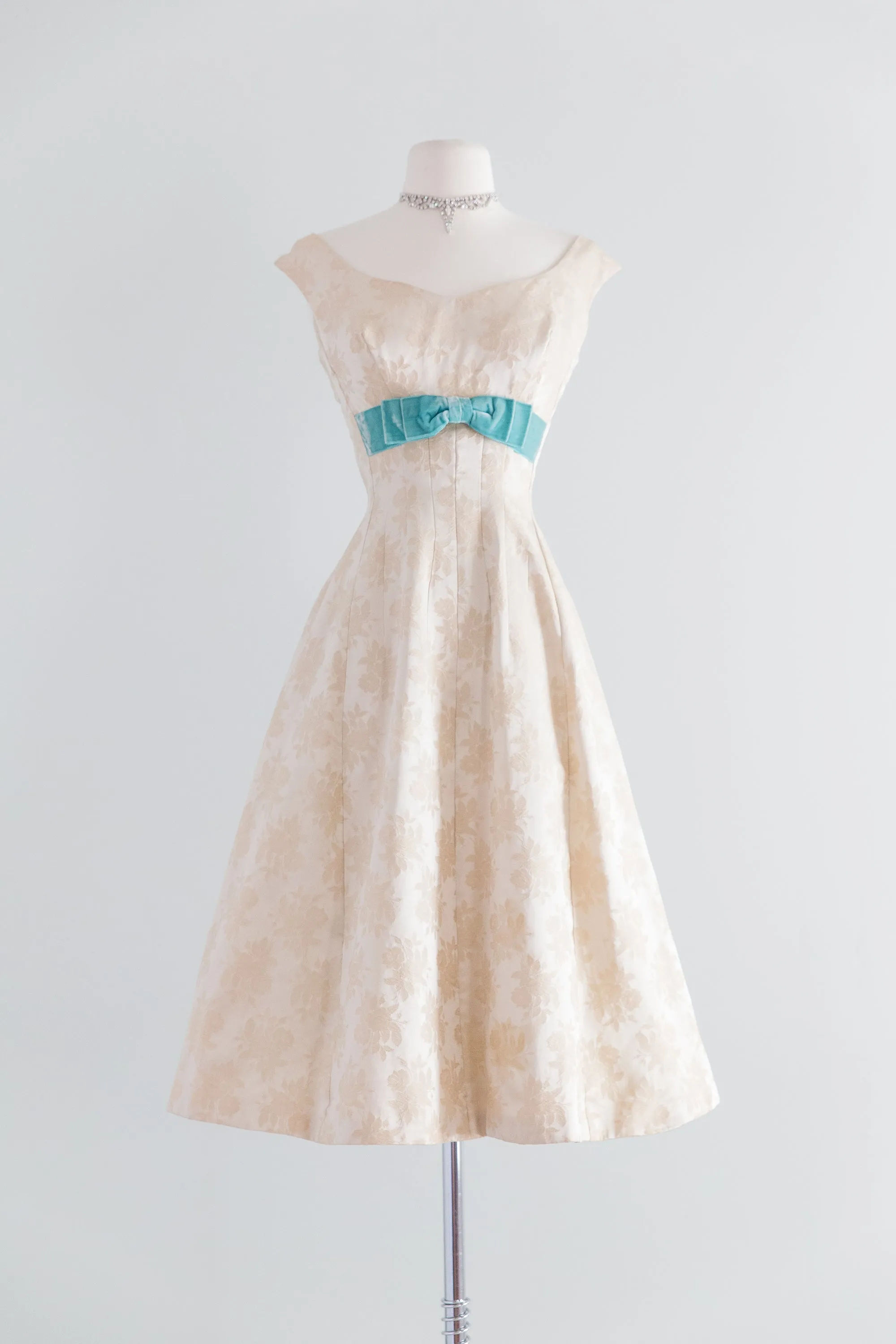 1950's Ivory Brocade Party Dress With Tiffany Blue Velvet Bows / Waist 26