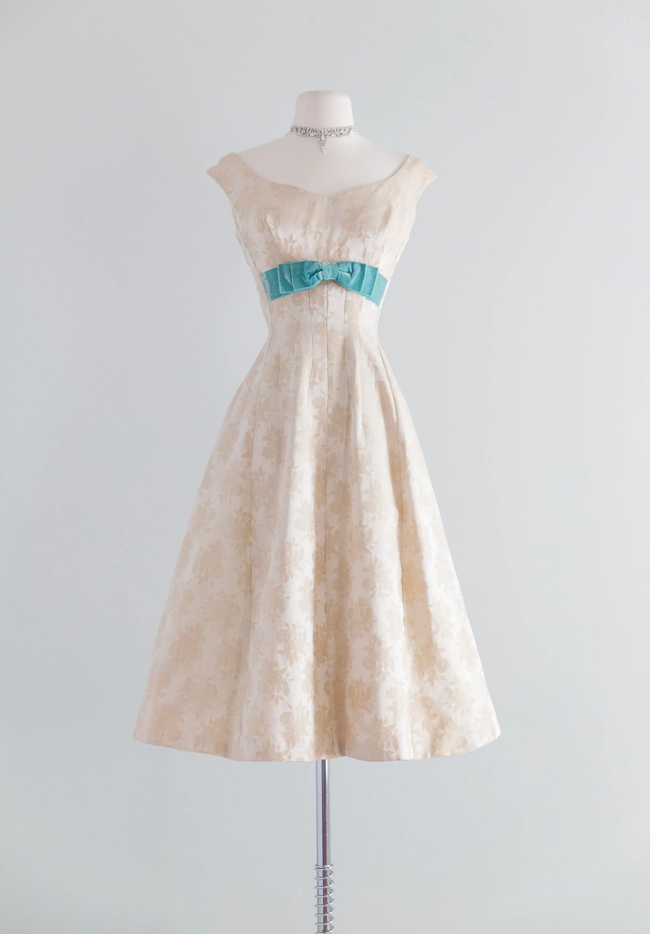 1950's Ivory Brocade Party Dress With Tiffany Blue Velvet Bows / Waist 26