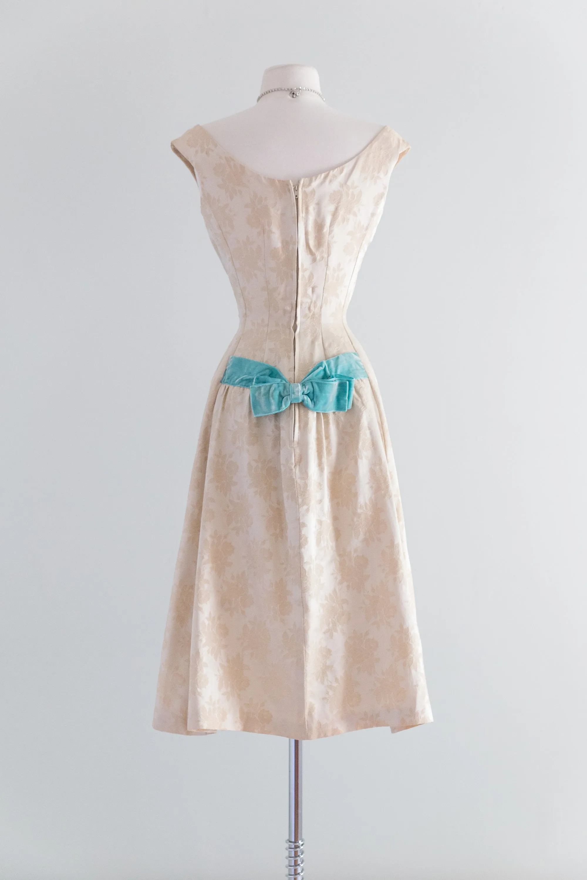 1950's Ivory Brocade Party Dress With Tiffany Blue Velvet Bows / Waist 26