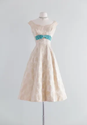 1950's Ivory Brocade Party Dress With Tiffany Blue Velvet Bows / Waist 26