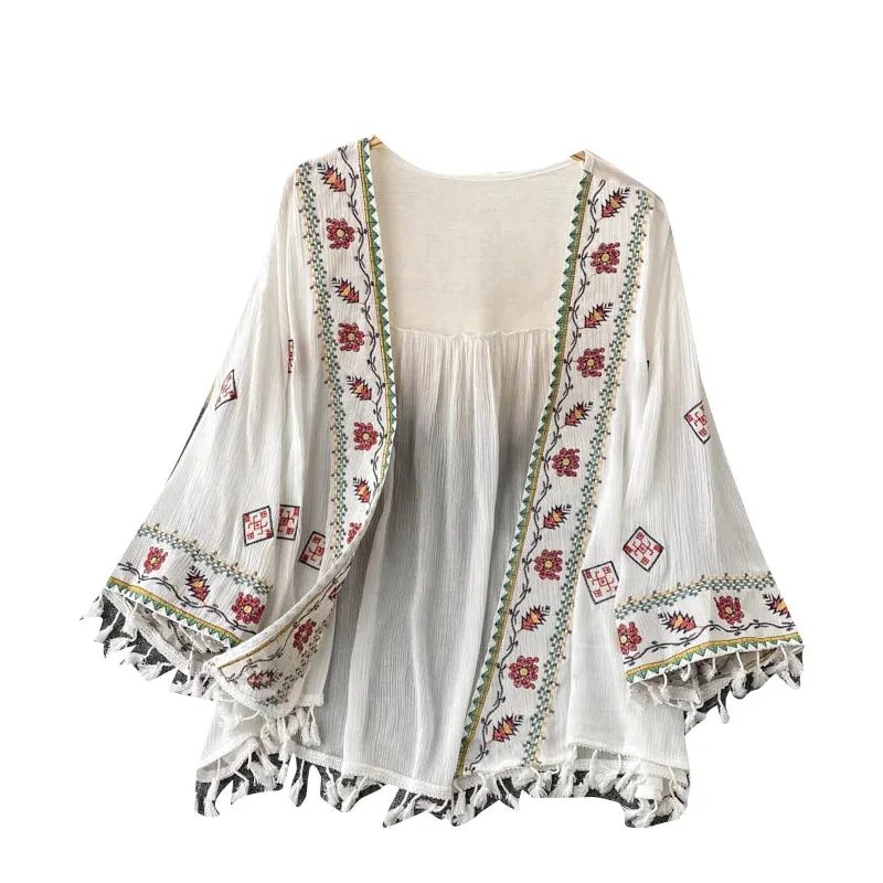 2023 Summer Women's Shirt Bohemian Holiday Style Embroidered Tassel Chiffon Cardigan New Waist Female Slim Short Tops E015