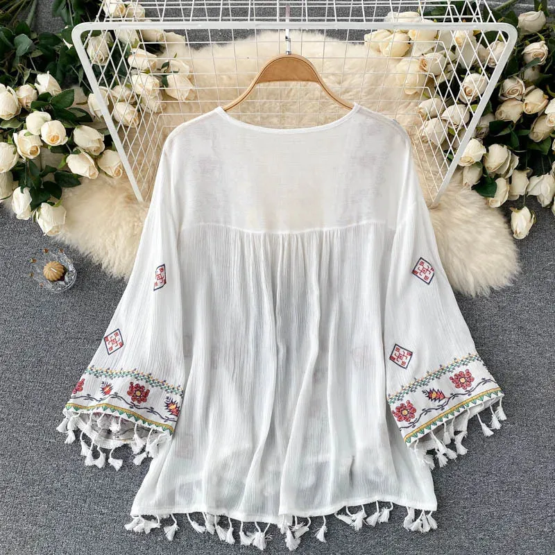 2023 Summer Women's Shirt Bohemian Holiday Style Embroidered Tassel Chiffon Cardigan New Waist Female Slim Short Tops E015