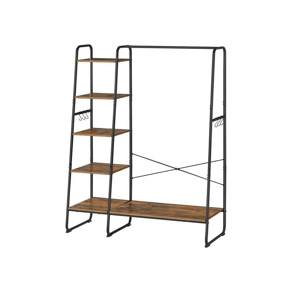 63 Inch Garment Hanging Rack, 5 Tier Storage, 6 Side Hooks, Black, Brown By Casagear Home