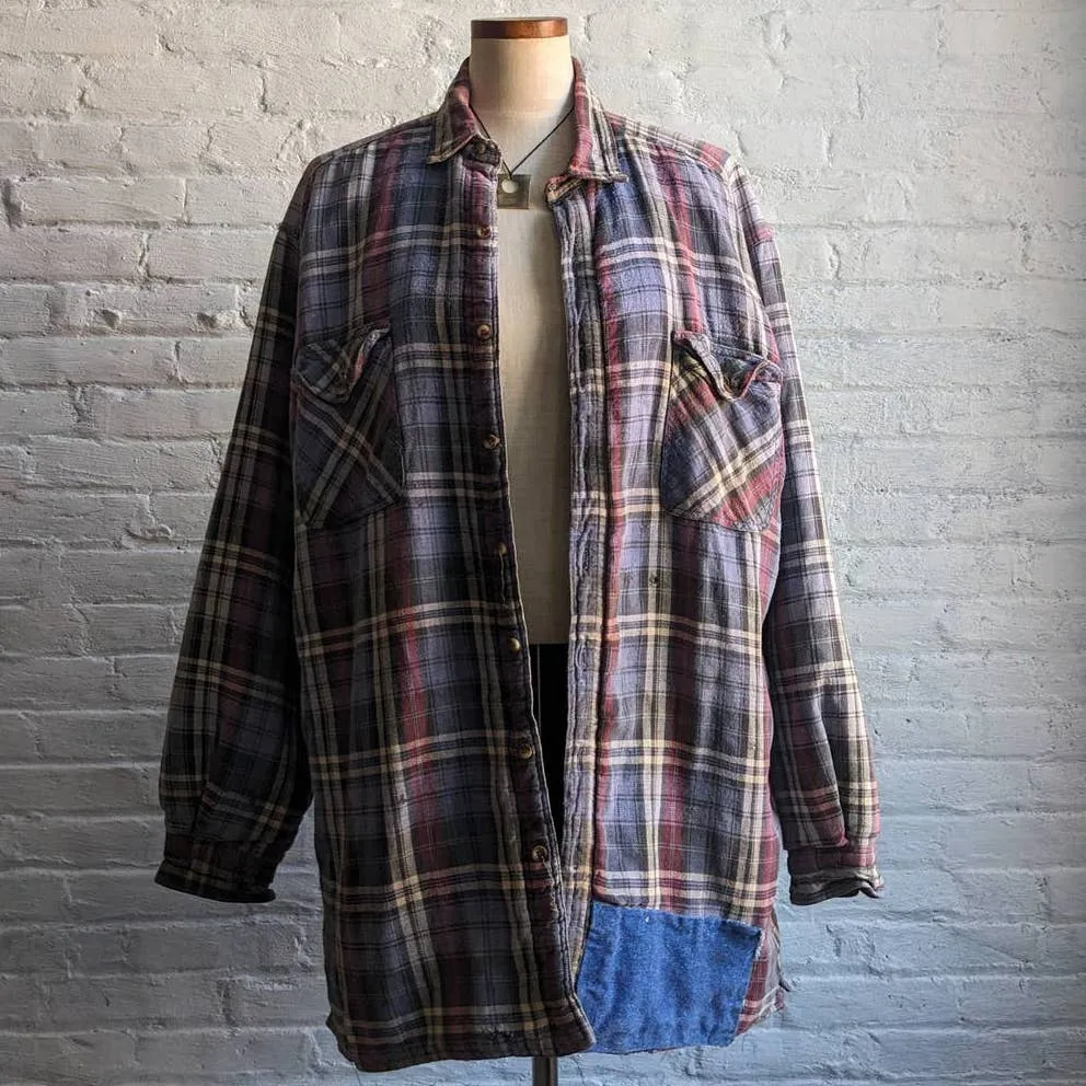 90s Vintage Grunge Plaid Flannel Utility Blanket Thermal Oversize Coat Jacket