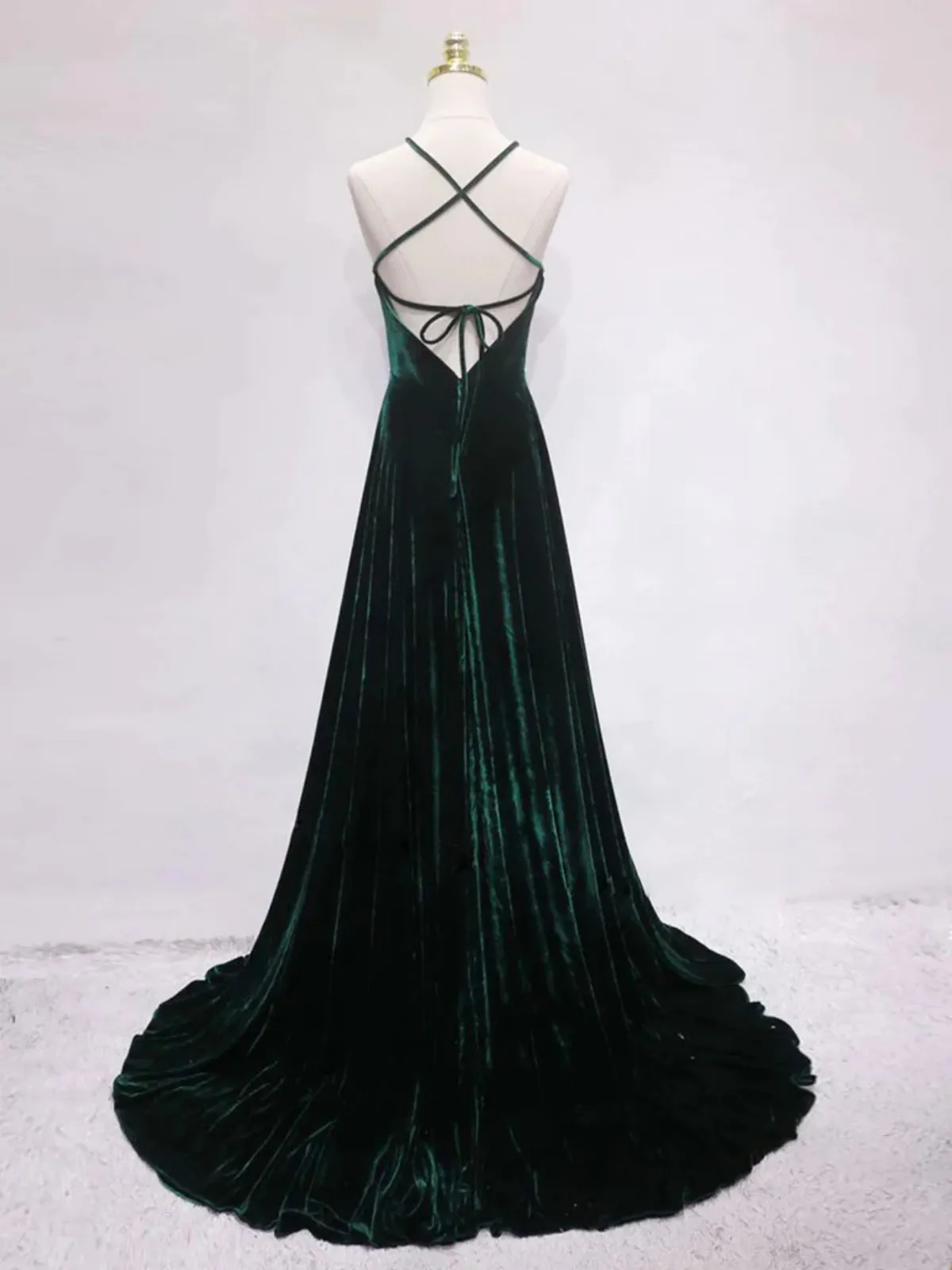 A Line Backless Dark Green Velvet Long Prom Dresses, Backless Dark Green Formal Graduation Evening Dresses SP2777