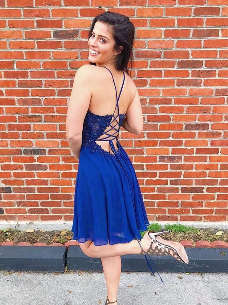 A Line V Neck Backless Beaded Lace Blue Short Prom Dresses Homecoming Dresses, Backless Lace Blue Formal Graduation Evening Dresses