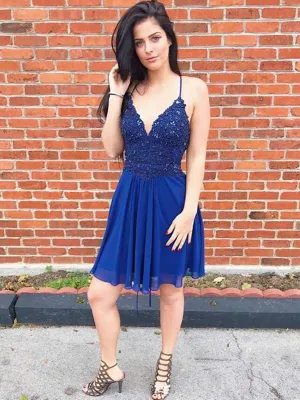 A Line V Neck Backless Beaded Lace Blue Short Prom Dresses Homecoming Dresses, Backless Lace Blue Formal Graduation Evening Dresses