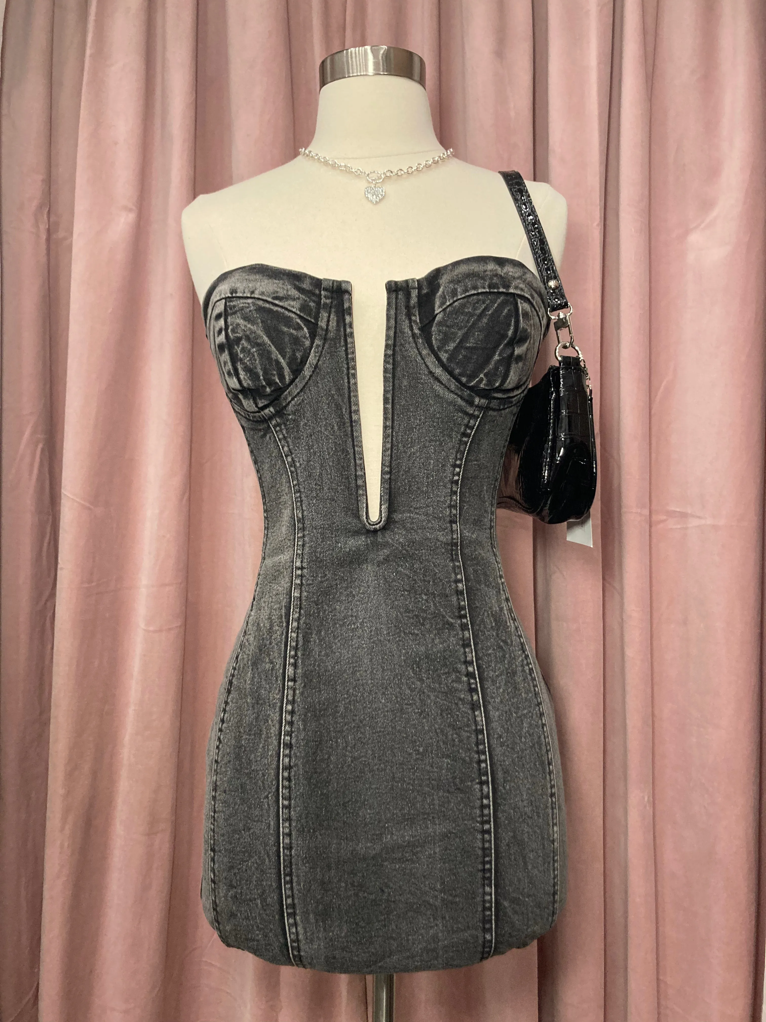 Aliana Denim Mini Dress (Black)