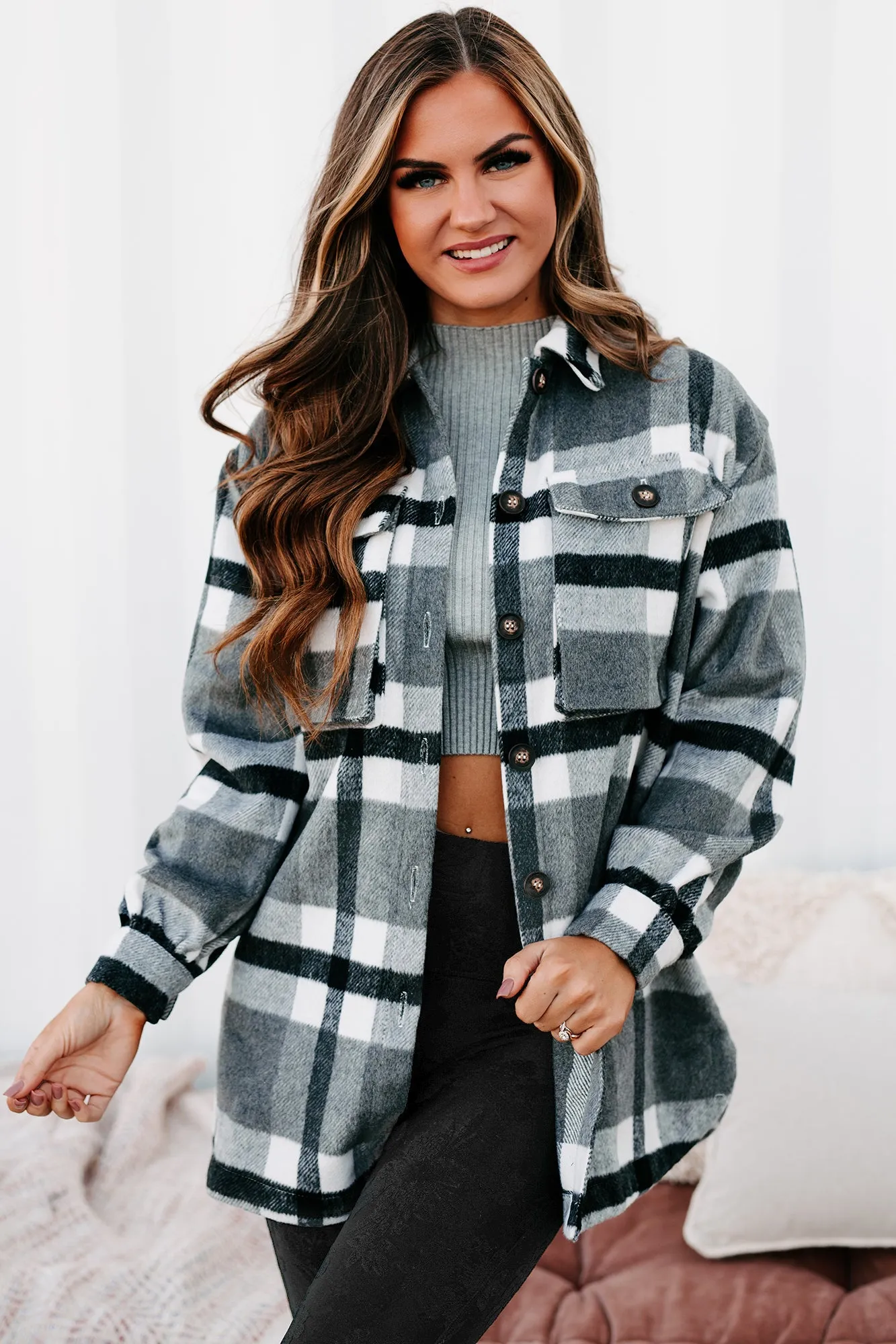 Big City Dreams Wool Plaid Shacket (Grey)