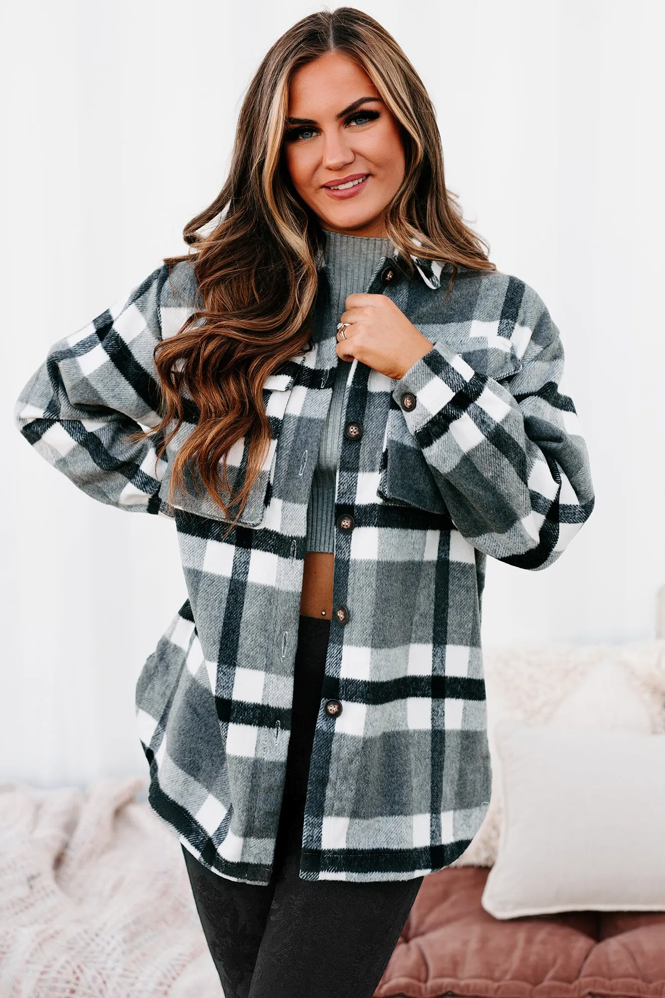 Big City Dreams Wool Plaid Shacket (Grey)