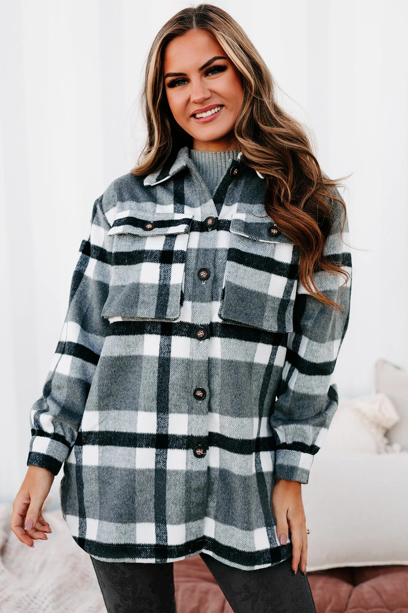 Big City Dreams Wool Plaid Shacket (Grey)