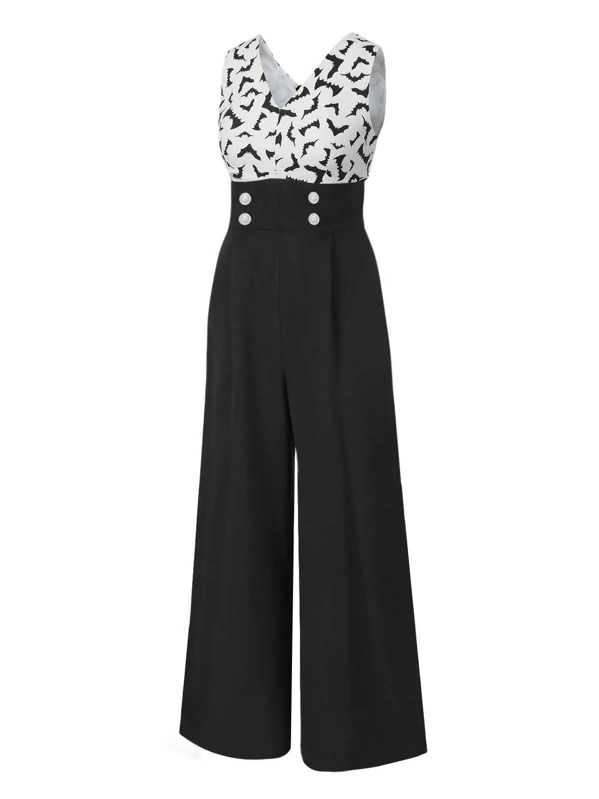 Black 1930s Halloween Bat Patchwork Jumpsuit