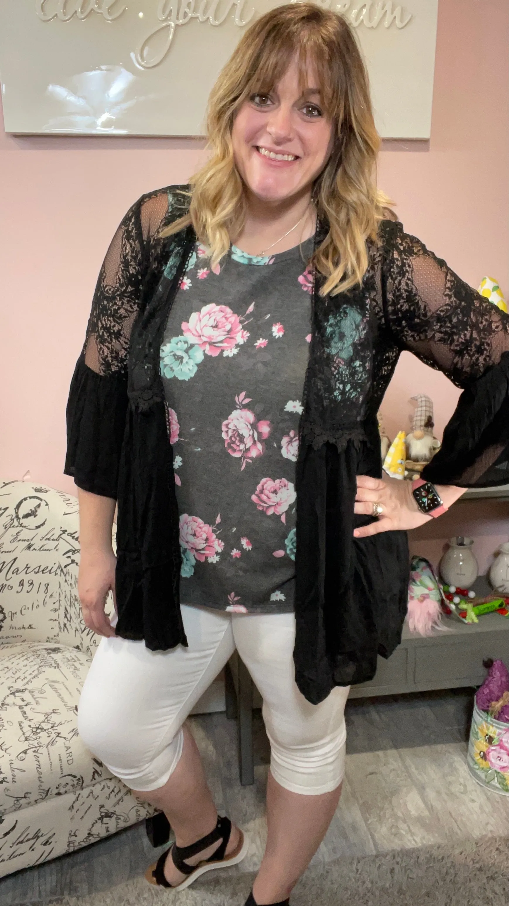 Black Lace Inset Bell Sleeve Cardigan