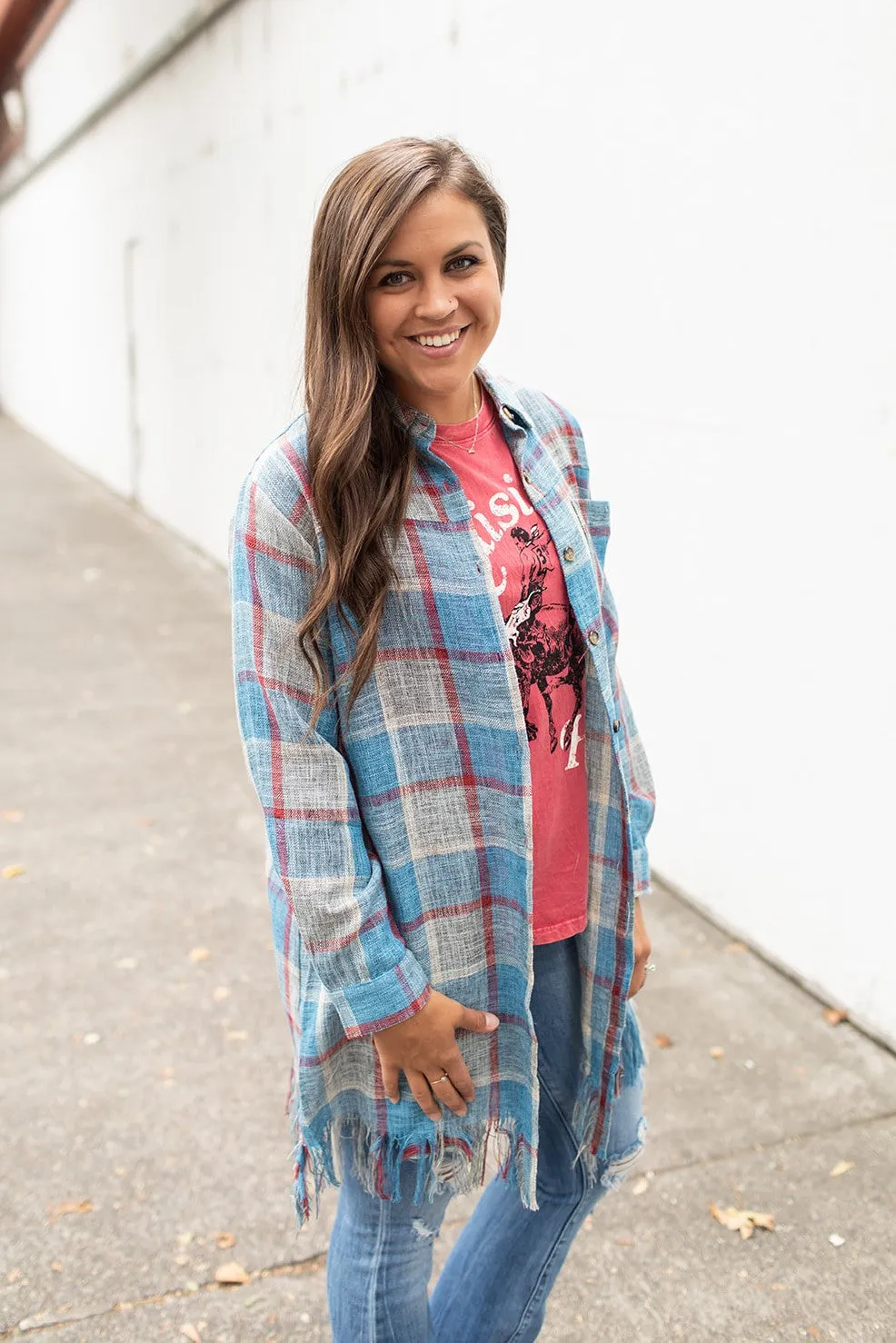 Blue Red Gray Plaid Frayed Button Up Long Shacket