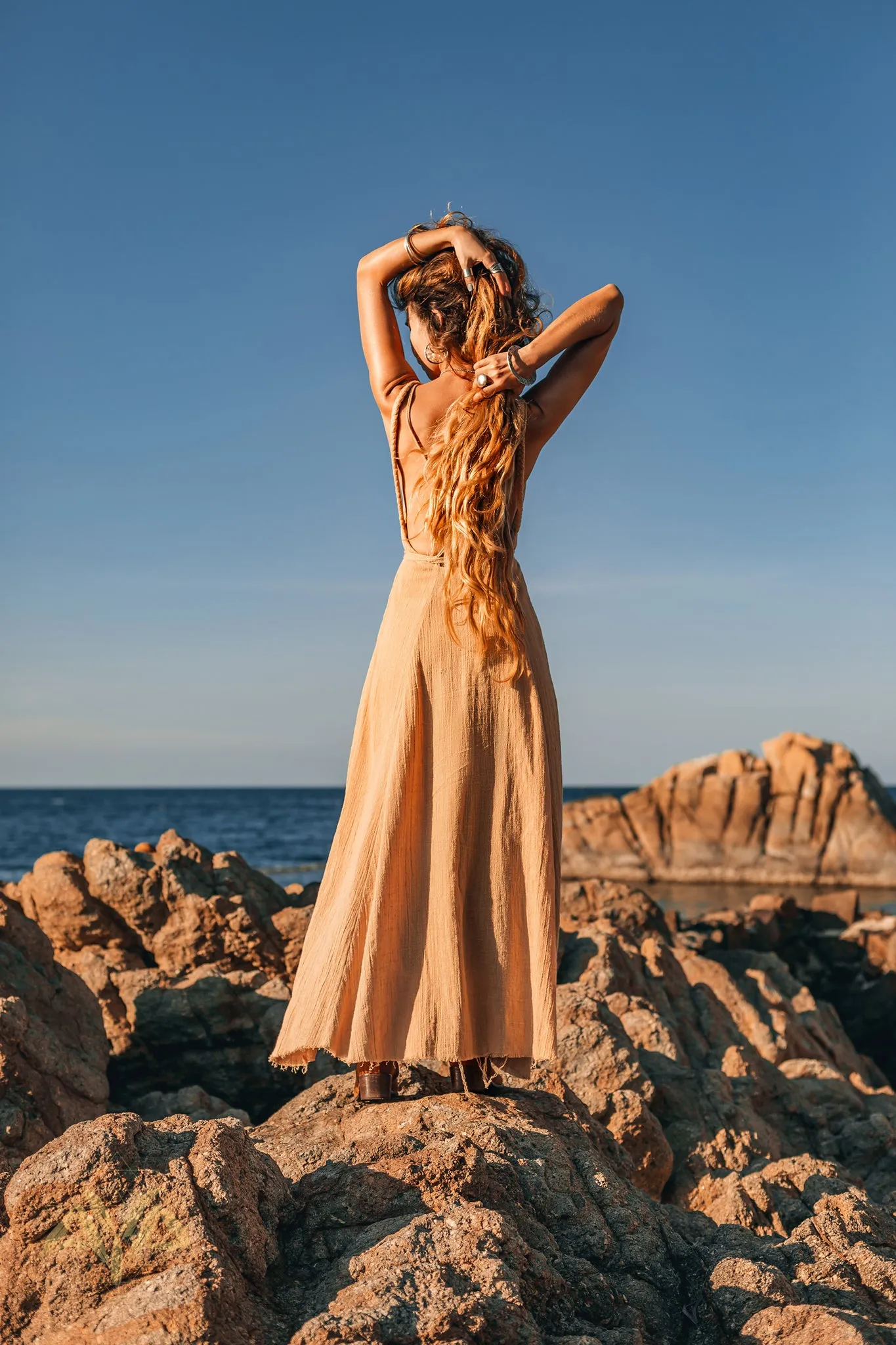 Boho Dress for Woman • Long Maxi Bohemian Dress • Beige Sandal Organic Dress