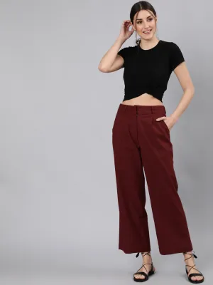 Burgandy Cotton Slub Flared High Rise Parallel Pants