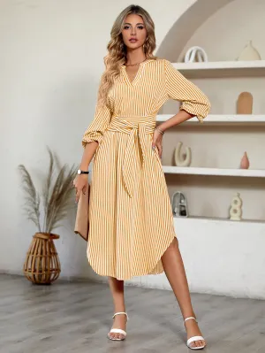 Casual V-neck Striped Tie-waist Shirt Maxi Dress