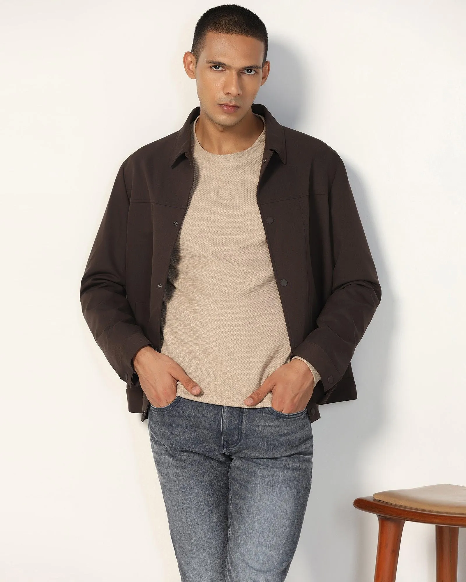 Dark Brown Solid Trucker Jacket - Kushaq