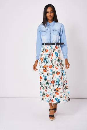 Denim Belted Maxi Dress With Floral Print Ex-Branded