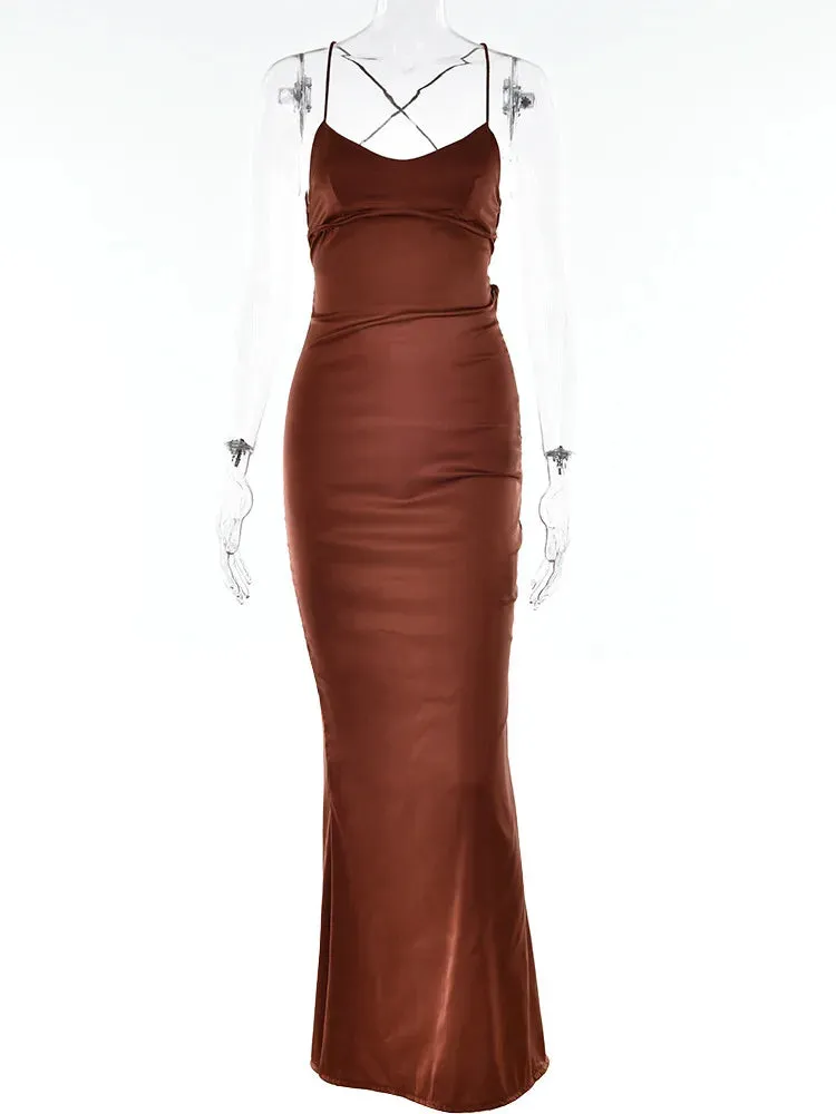 DressBetty - 2024 Satin Backless Spaghetti Strap Sleeveless Bodycon Maxi Dress