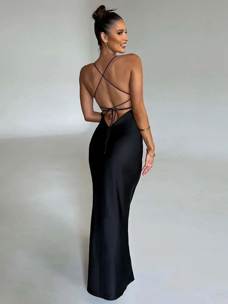 DressBetty - 2024 Satin Backless Spaghetti Strap Sleeveless Bodycon Maxi Dress