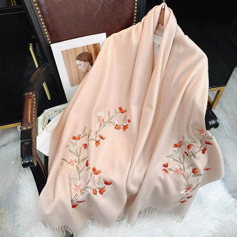 Embroidery 100% Pure Cashmere Scarf Elegant Winter Accessory 200x60 cm