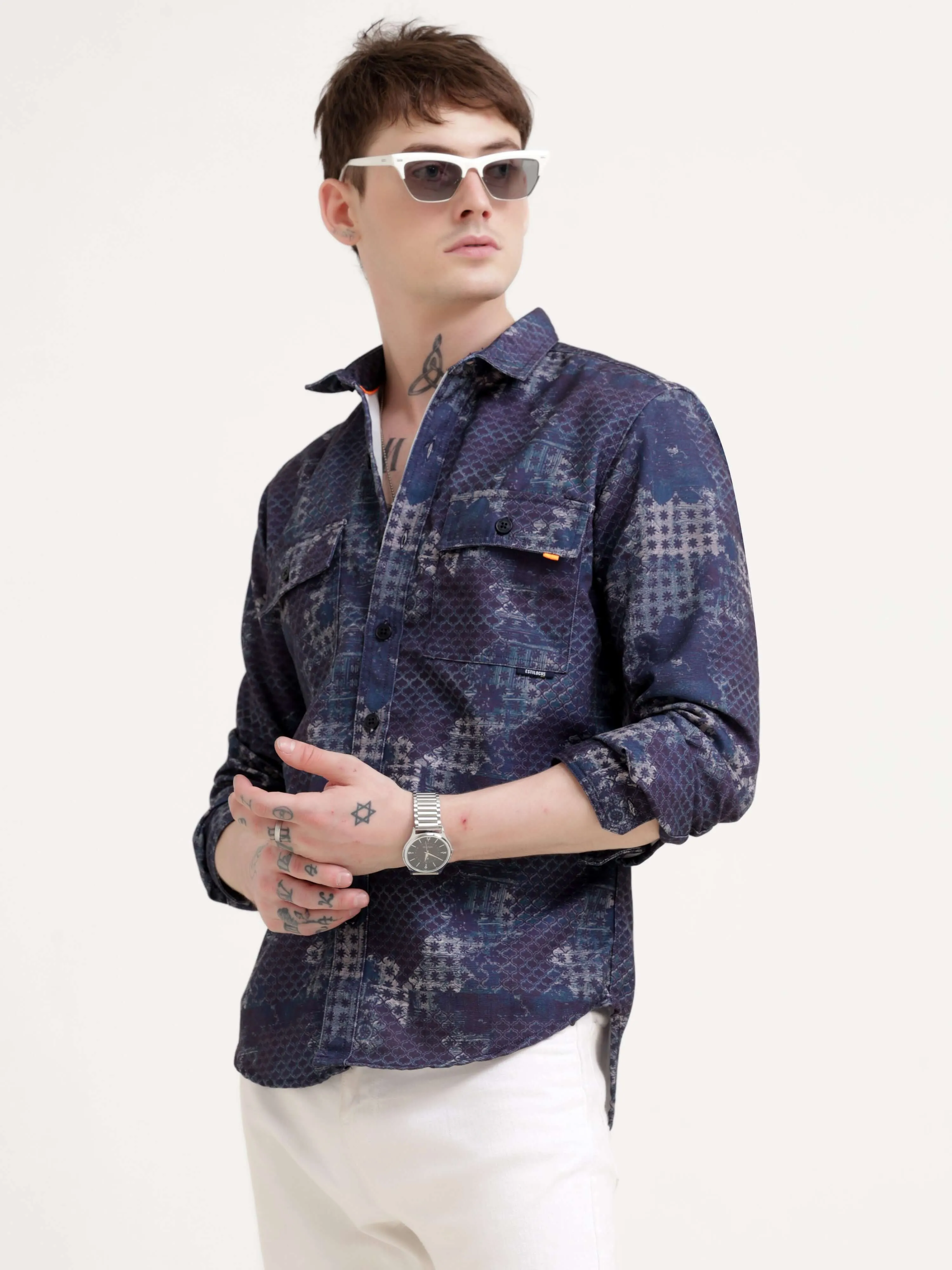 Geometric Print Indigo Overshirt