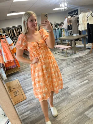 Gingham Printed Babydoll Dress - Orange