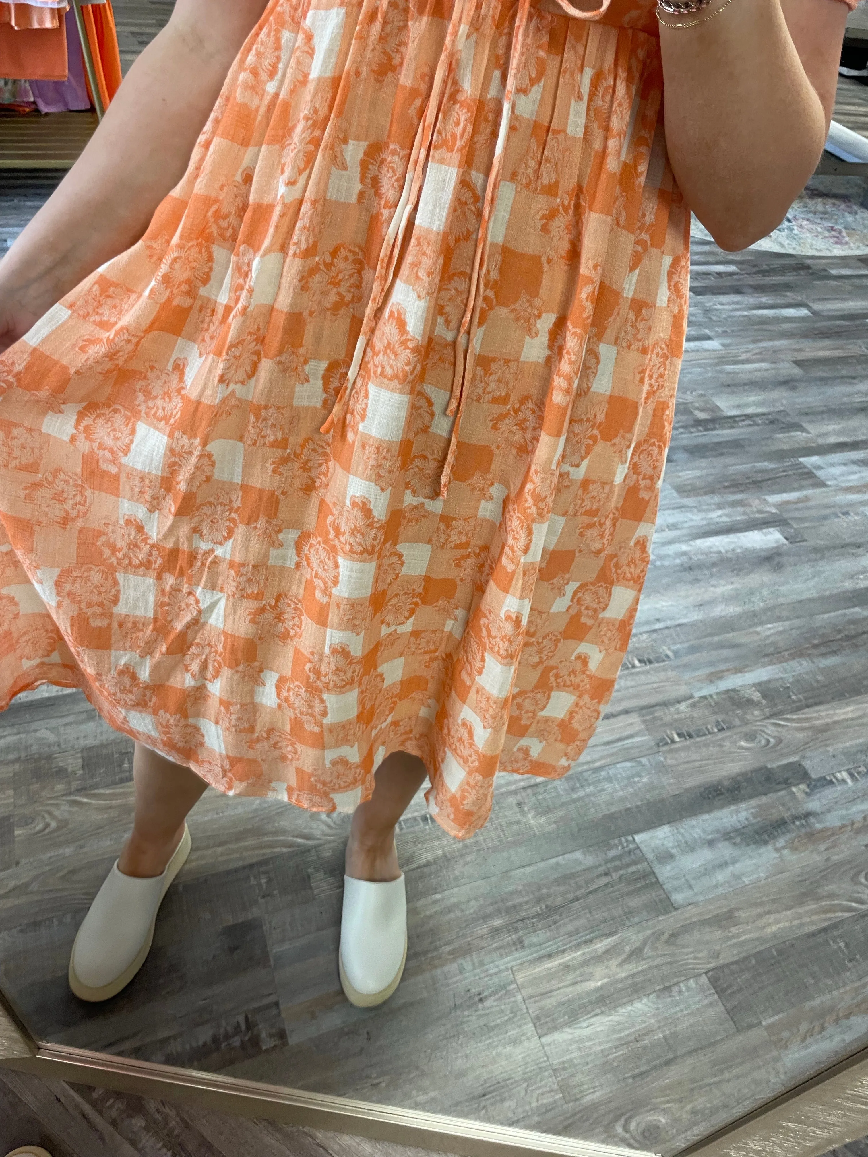 Gingham Printed Babydoll Dress - Orange