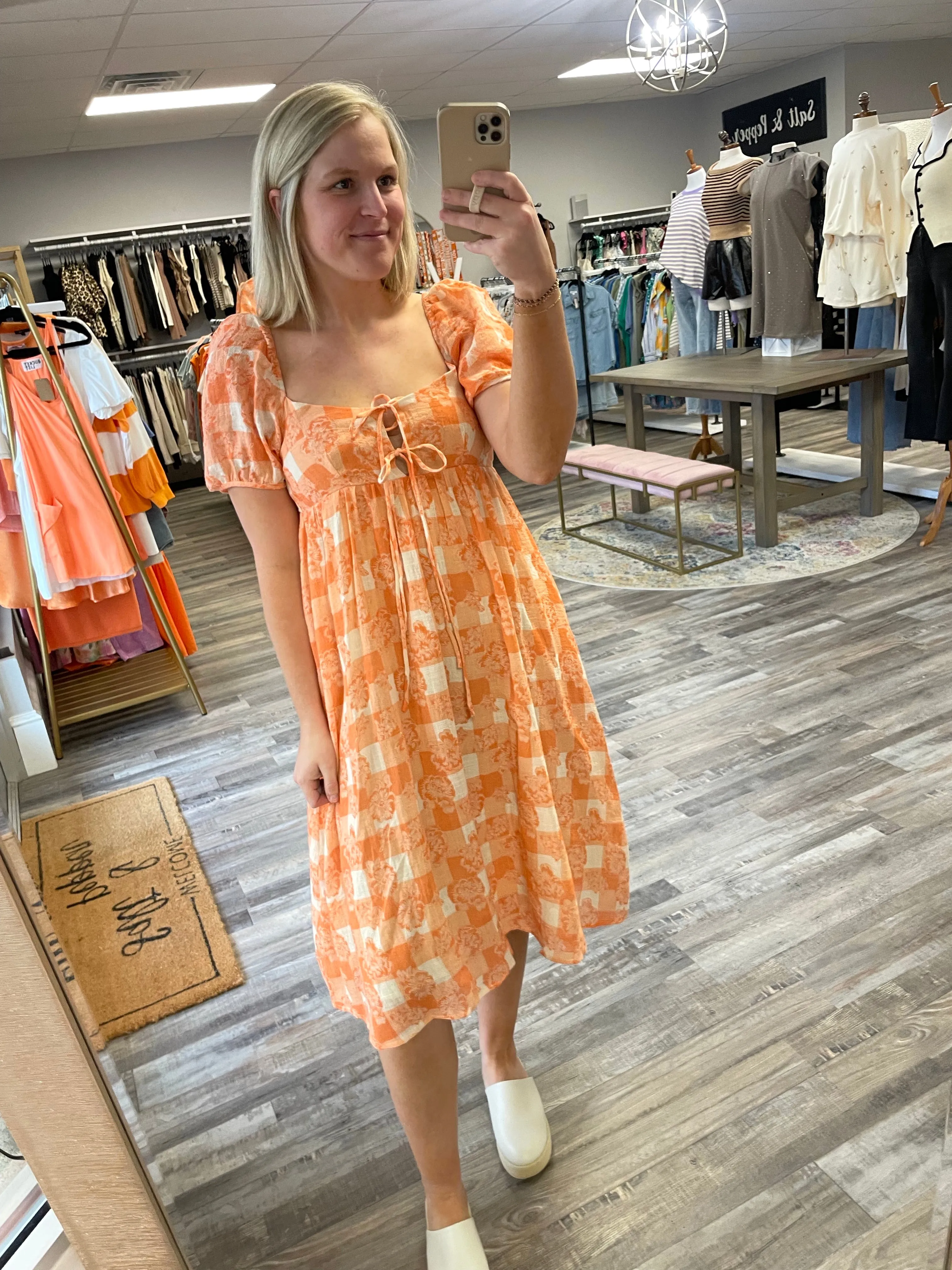 Gingham Printed Babydoll Dress - Orange