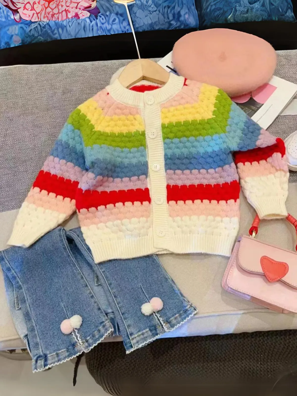 Girl's Long Sleeve Rainbow Striped Knitted Cardigan