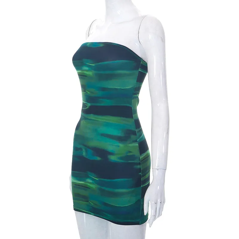 Green Wave Print Strapless Dress