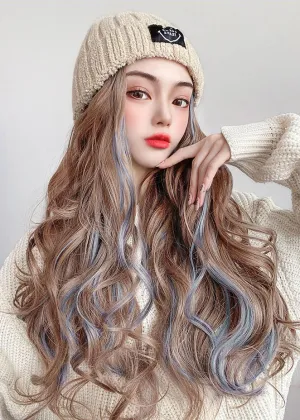 Handmade Beige Patchwork Gradient Color Long Curly Hair Knit Wig Hat