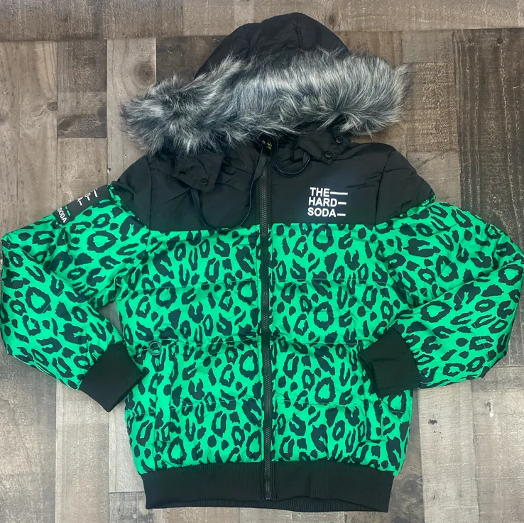 Hard Soda- cheetah print bubble coat (green)