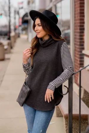 Heathered Striped Sleeve Cowl Neck Sweatshirt