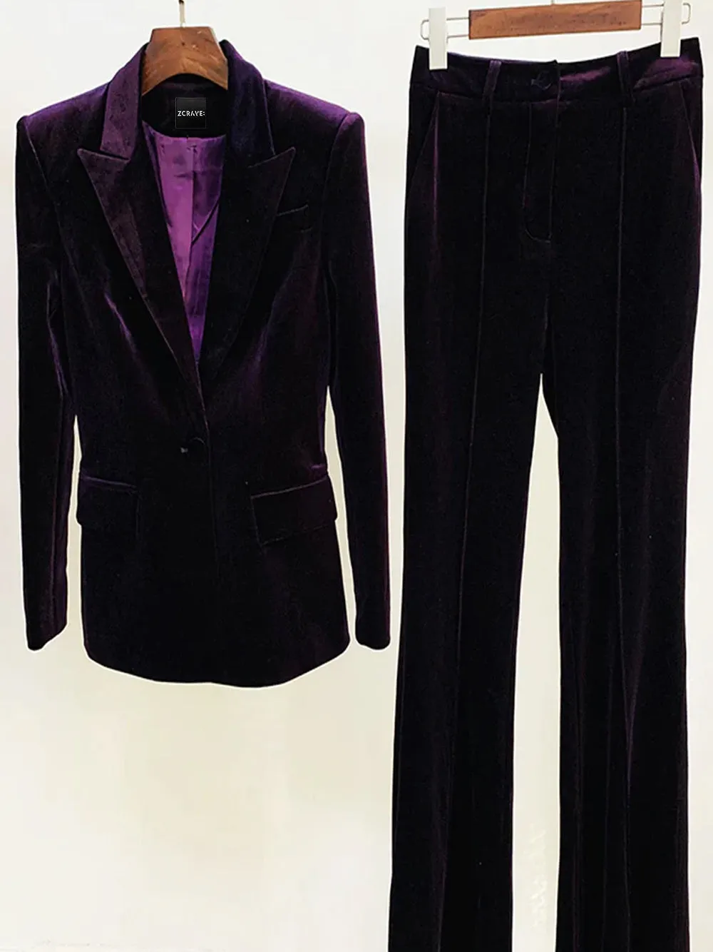 HINIYA Velvet Blazer & Flared Pants Set in Purple