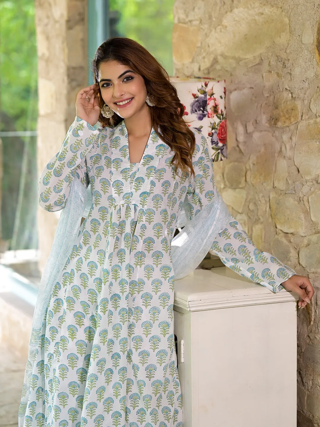 Jashvi White & Green Floral Handblock Printed Cotton Anarkali  Kurta Set