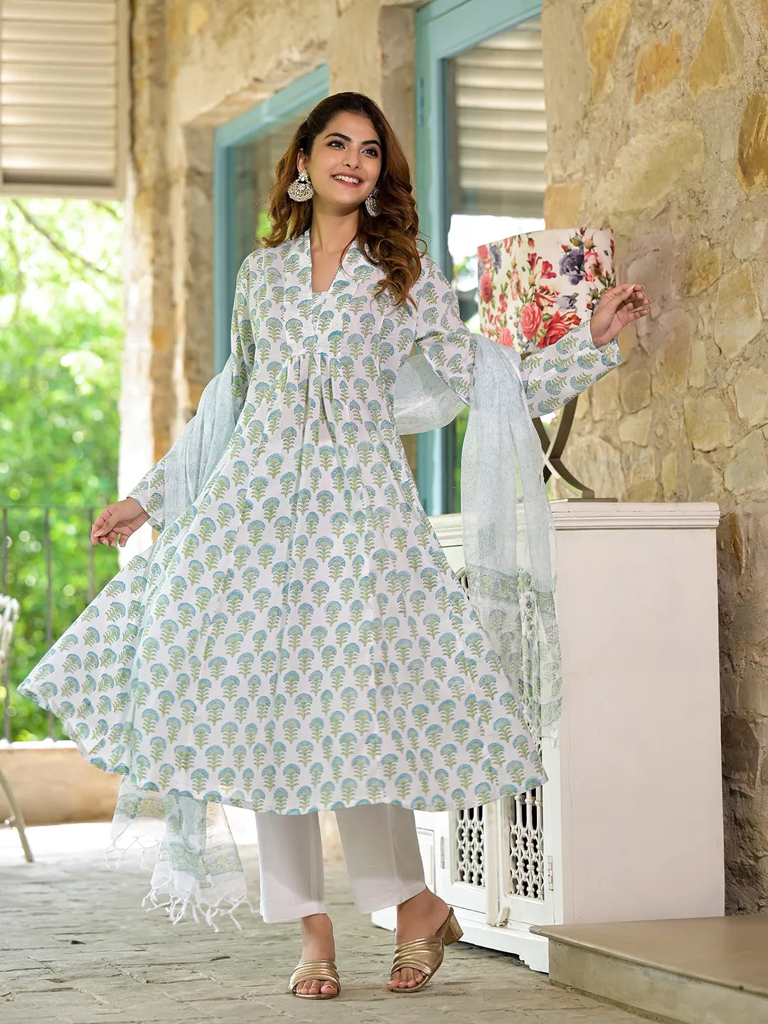 Jashvi White & Green Floral Handblock Printed Cotton Anarkali  Kurta Set