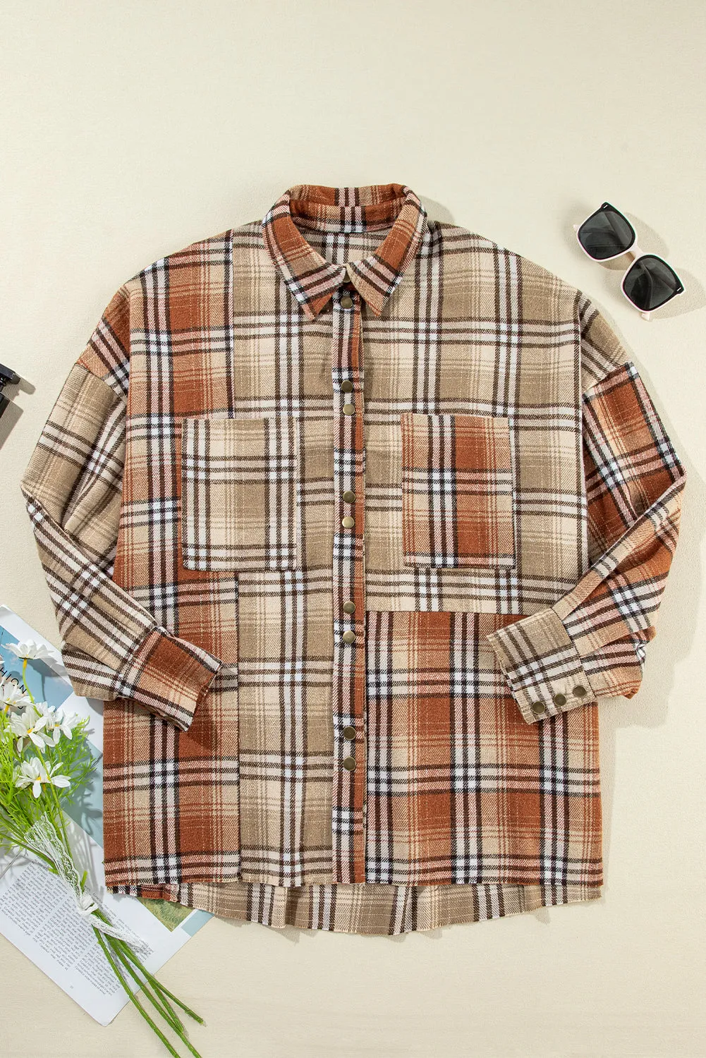 Khaki Plaid Pocket Colorblock High Low Shacket