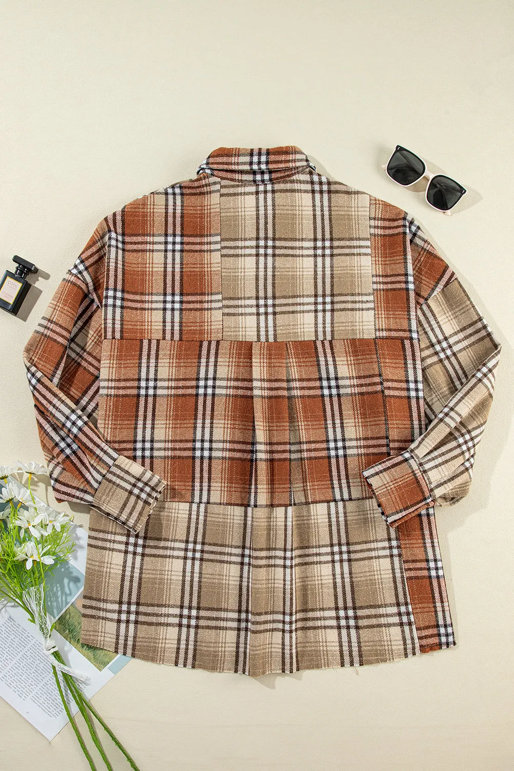 Khaki Plaid Pocket Colorblock High Low Shacket