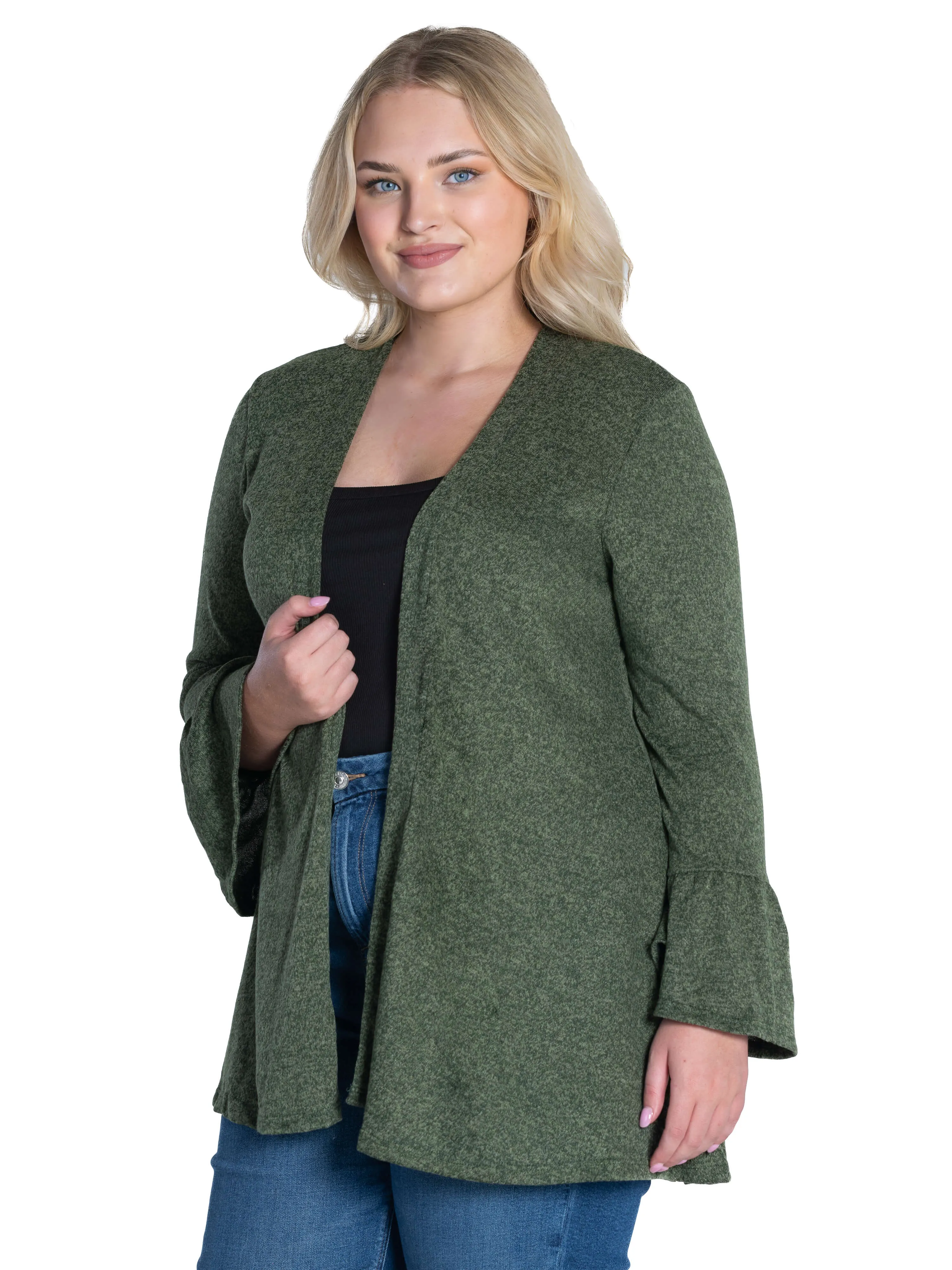 Knit Bell Sleeve Plus Size Open Cardigan