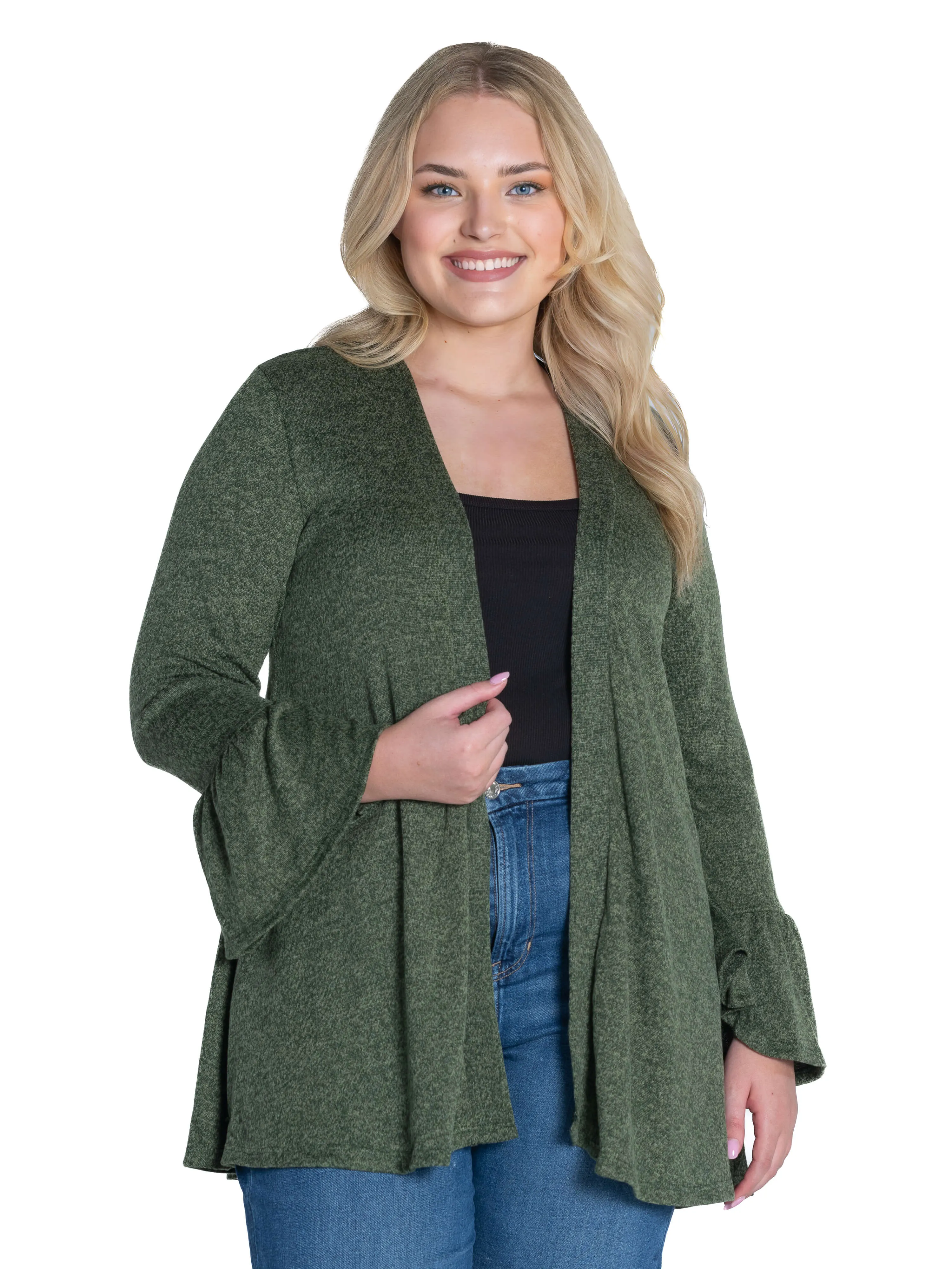 Knit Bell Sleeve Plus Size Open Cardigan