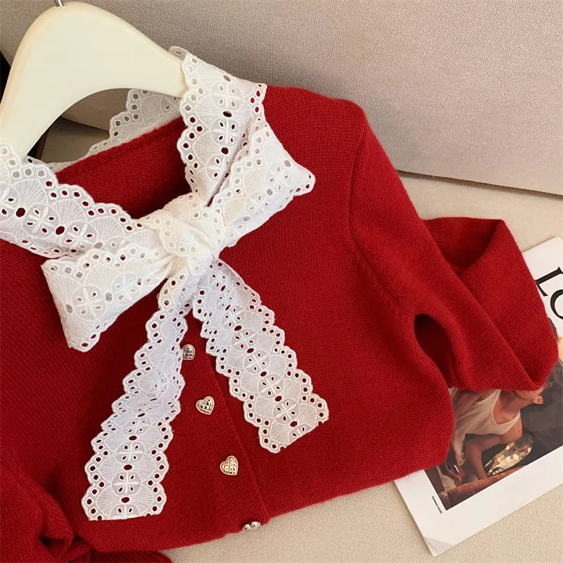 Lace Bow-tie Heart-shaped Buttons Cardigan