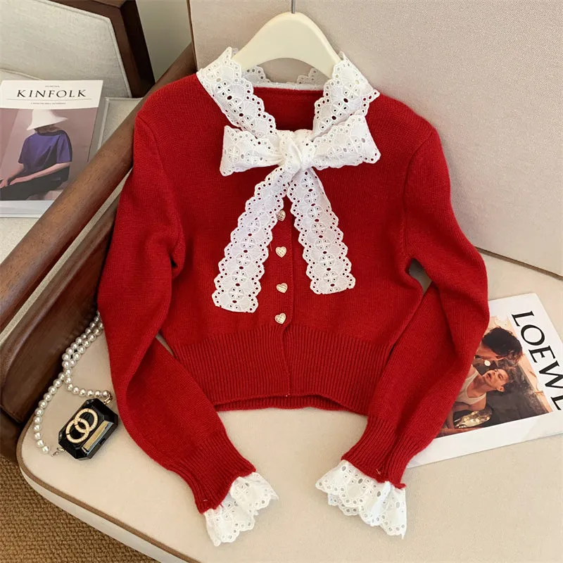 Lace Bow-tie Heart-shaped Buttons Cardigan