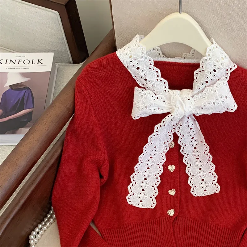 Lace Bow-tie Heart-shaped Buttons Cardigan