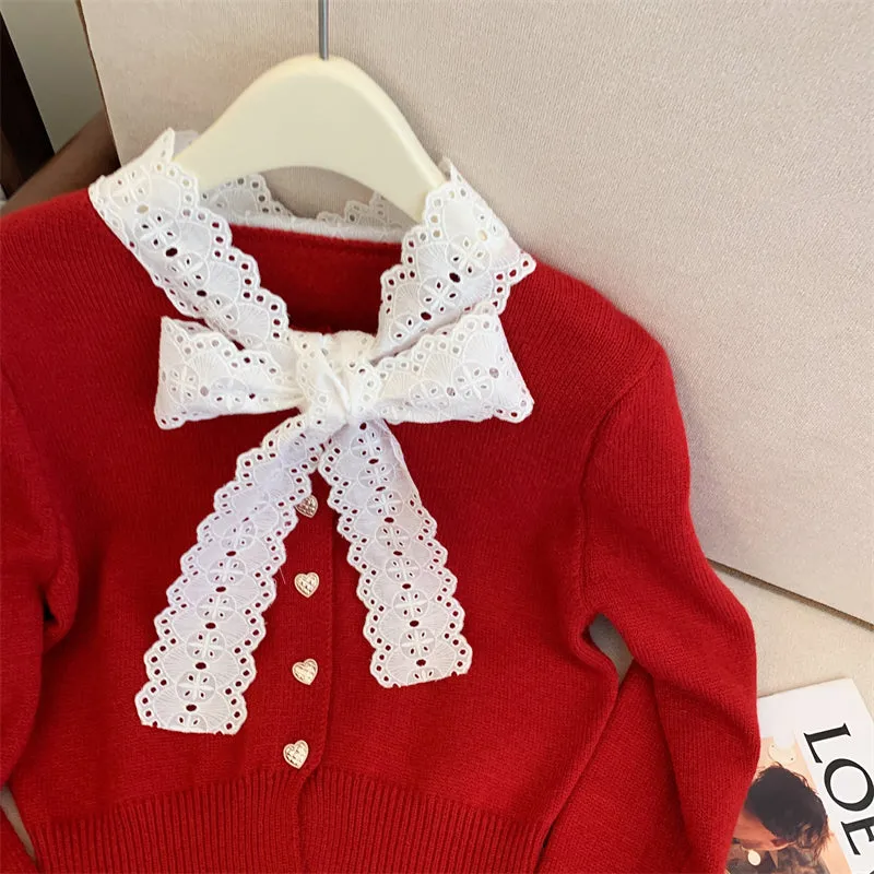 Lace Bow-tie Heart-shaped Buttons Cardigan