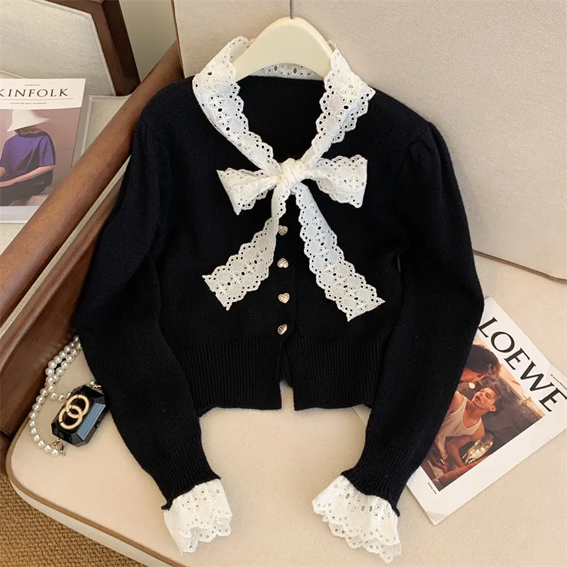 Lace Bow-tie Heart-shaped Buttons Cardigan